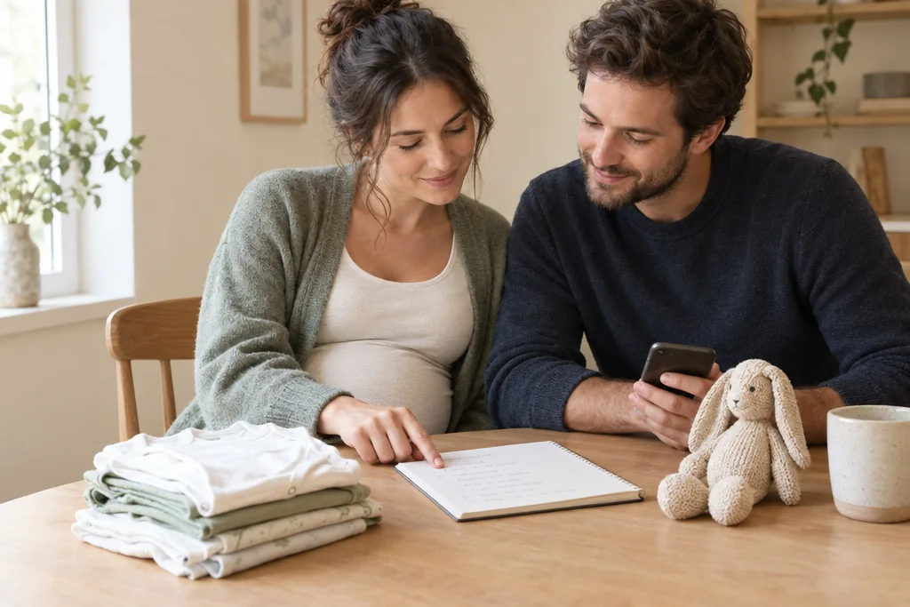 Un couple de futurs parents prépare sa liste de naissance à une table, avec un carnet, un téléphone, des bodys pliés et un lapin en tricot