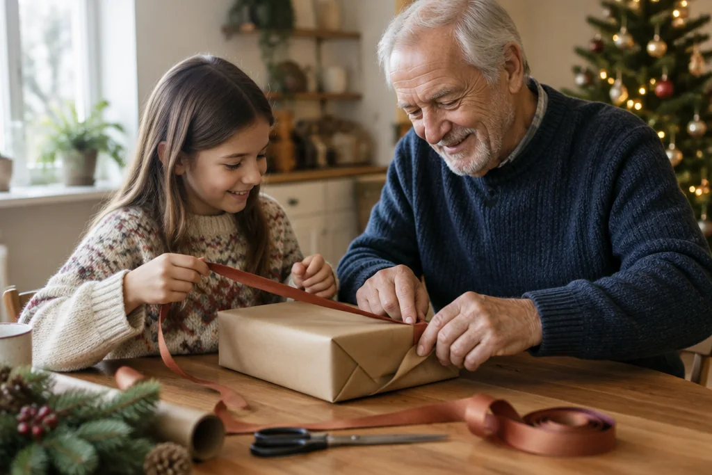 Un grand-père et sa petite-fille emballent un cadeau ensemble sur la table de la cuisine, près du sapin