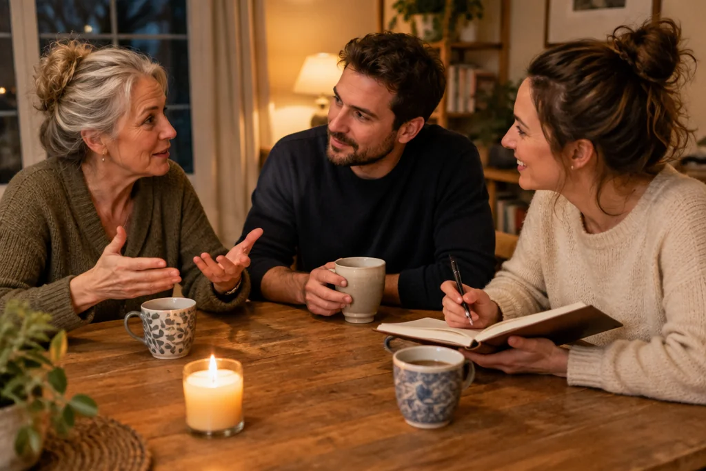 Trois adultes de la famille discutent autour d’une table, l’une note les idées dans un carnet