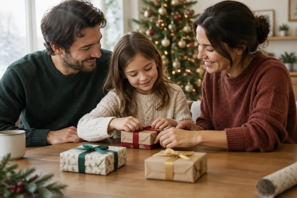 Un enfant emballe un cadeau à la table de la cuisine entre deux adultes, près d’un sapin de Noël