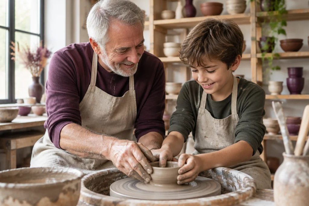 Un grand-père guide les mains de son petit-fils pour tourner un bol en argile dans un atelier de poterie