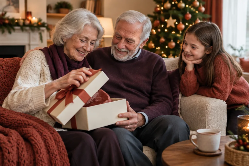 Une grand-mère et un grand-père ouvrent un cadeau sur le canapé, sous le regard de leur petite-fille, près du sapin