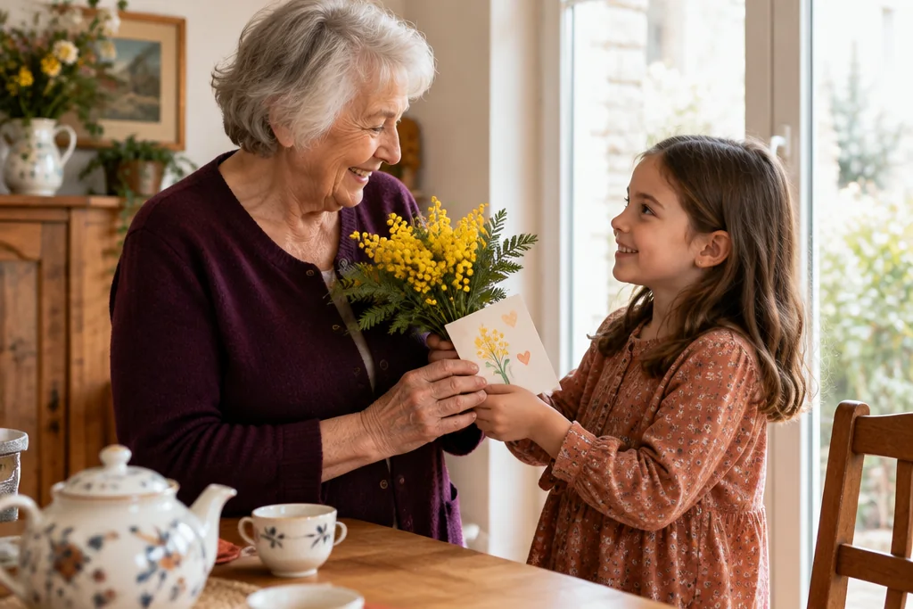 Une petite-fille offre un bouquet de mimosa et une carte dessinée à sa grand-mère