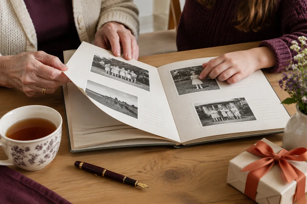 Les mains d’une grand-mère et d’un enfant tournent les pages d’un album de photos de famille en noir et blanc