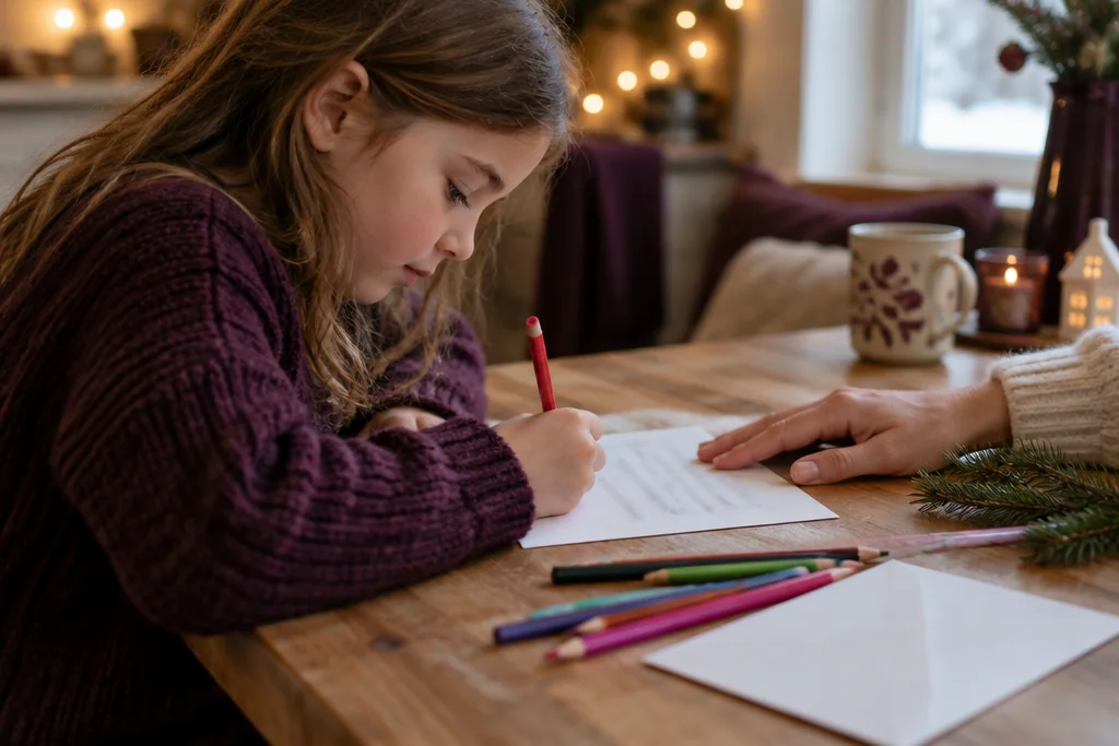 Une petite fille écrit sa lettre au Père Noël à la table de la cuisine, un adulte tient la feuille, des crayons de couleur et une enveloppe vierge à côté