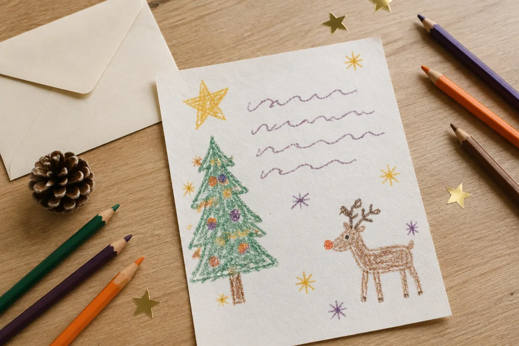 Une lettre d’enfant décorée d’un sapin, d’une étoile et d’un renne aux crayons de couleur, posée près d’une enveloppe, d’une pomme de pin et de gommettes étoiles