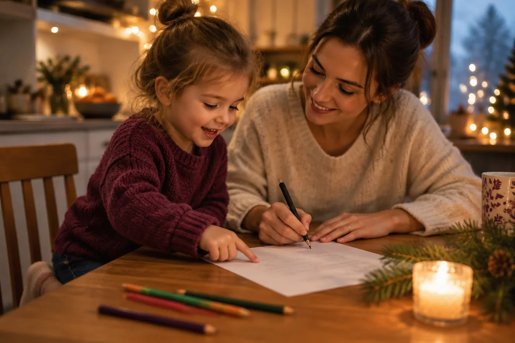 Une petite fille montre la feuille du doigt pendant que sa mère écrit les mots qu’elle lui dicte, à la table de la cuisine éclairée par une bougie