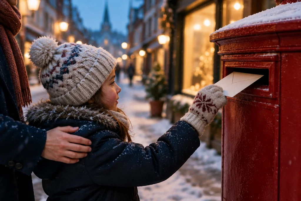 Un enfant en bonnet et moufles glisse une enveloppe dans une boîte aux lettres rouge enneigée, la main d’un parent sur son épaule