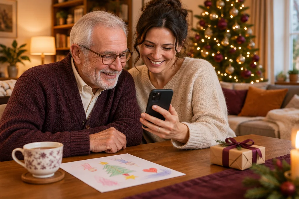 Un grand-père et une mère regardent un téléphone en souriant, près d’une lettre d’enfant dessinée, d’une tasse et d’un petit cadeau, devant un sapin illuminé