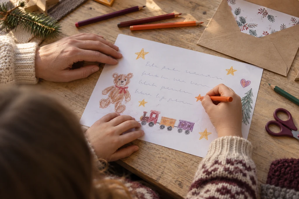Un enfant dessine des étoiles sur sa lettre au Père Noël, avec un adulte, des crayons et une enveloppe