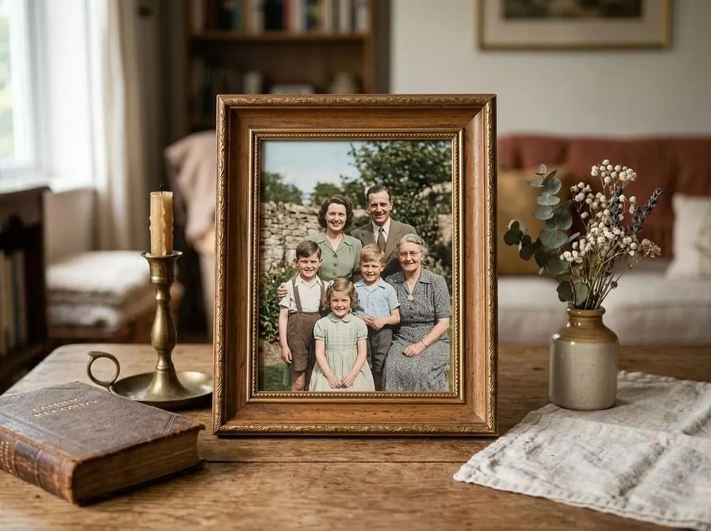 Un souvenir de famille dans un cadre doré, posé sur une table avec des livres et un vase