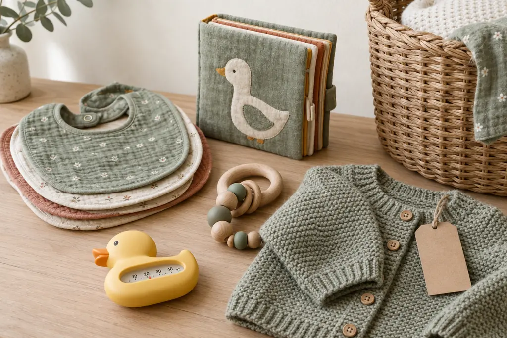 Des bavoirs, un livre en tissu, un anneau de dentition, un thermomètre de bain en forme de canard et un gilet tricoté avec une étiquette vierge