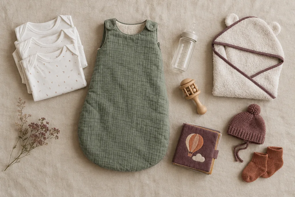 Des bodys, une gigoteuse verte, un biberon, une cape de bain, un hochet en bois, un livre en tissu, un bonnet et des chaussettes de bébé disposés sur du lin
