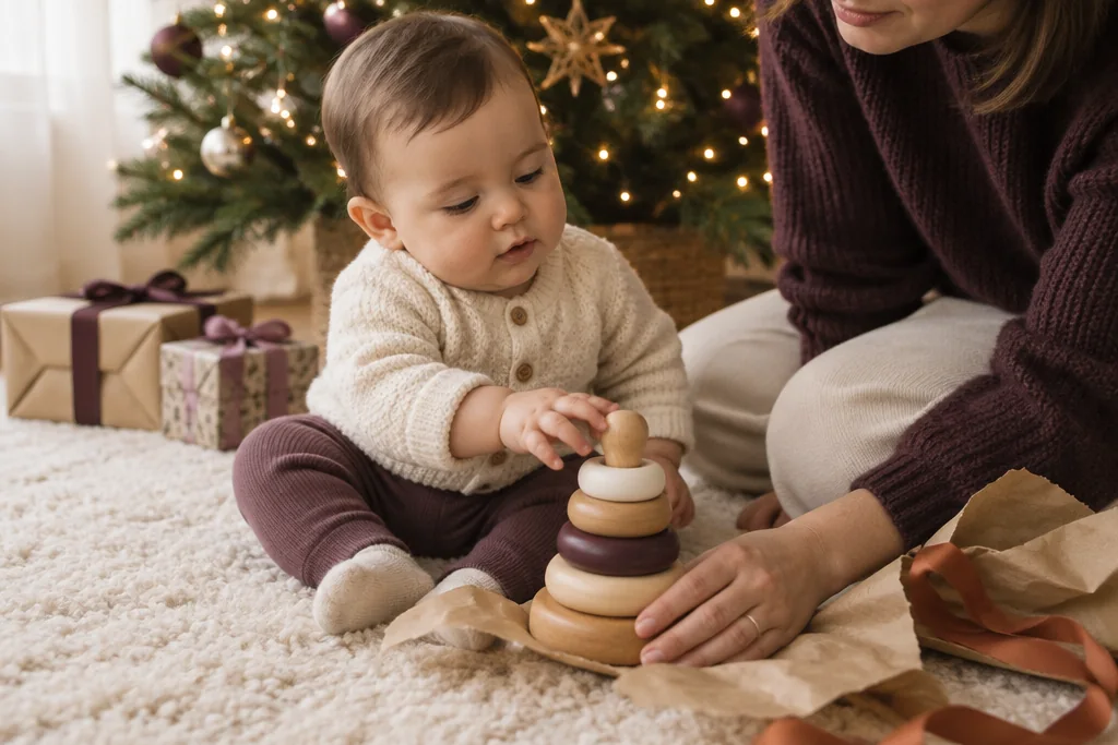 Un bébé assis sur un tapis devant le sapin empile les anneaux d’un jouet en bois tout juste déballé, un parent agenouillé à côté de lui