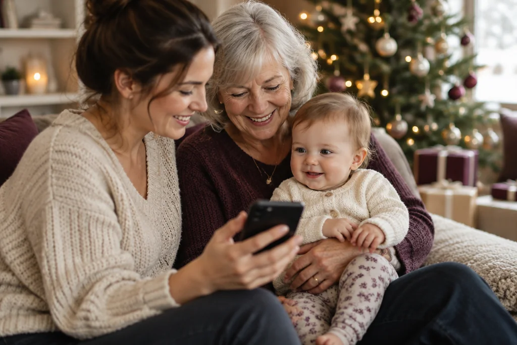 Une grand-mère tient un bébé souriant sur ses genoux pendant qu’un parent lui montre son téléphone, devant le sapin