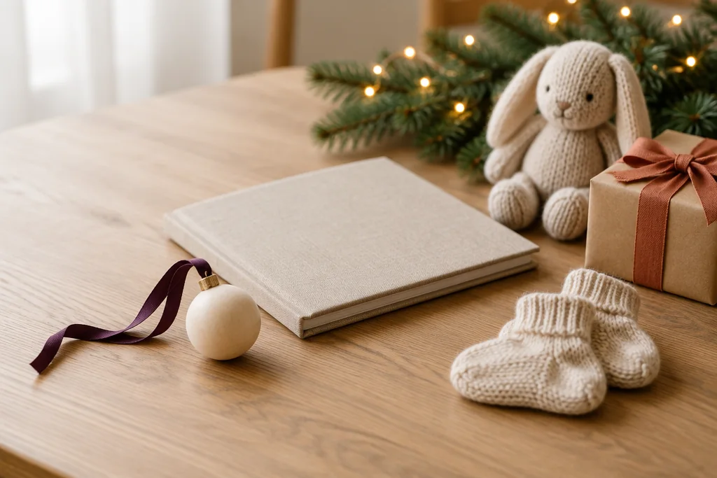 Une boule de sapin en bois, un album photo en lin, des chaussons tricotés, un lapin en laine et un petit cadeau emballé sur une table, près d’une branche de sapin