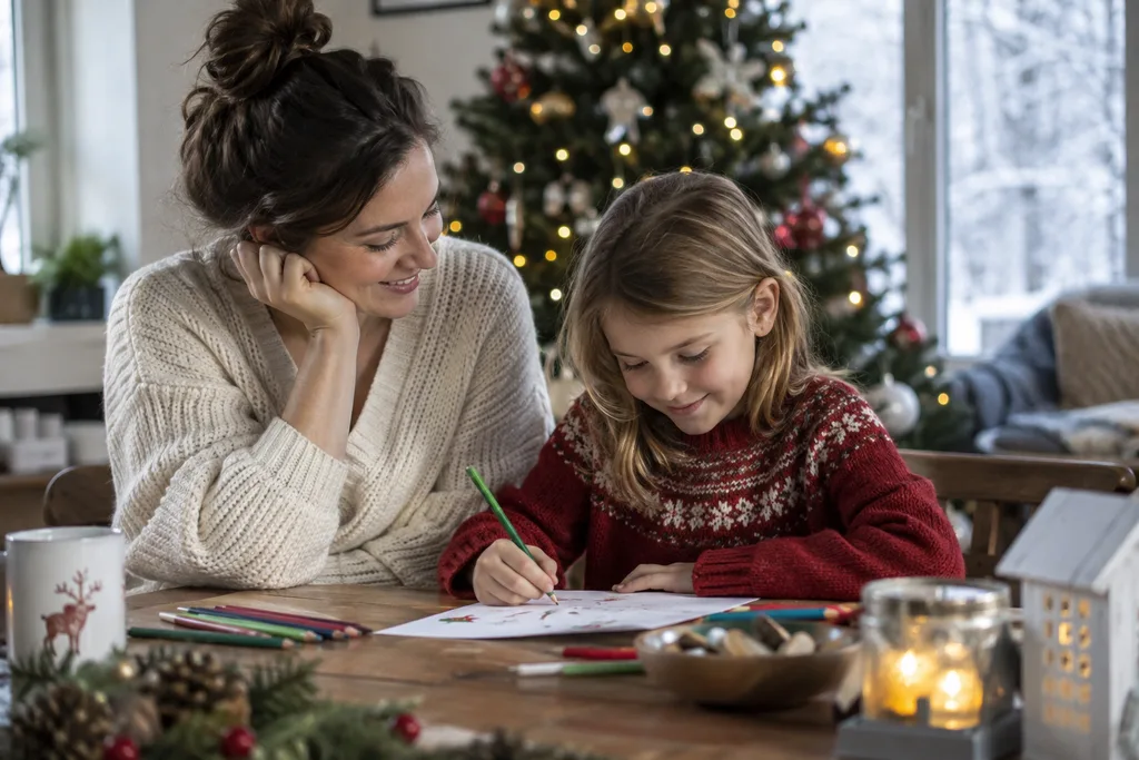 Un enfant prépare sa liste de Noël avec un parent