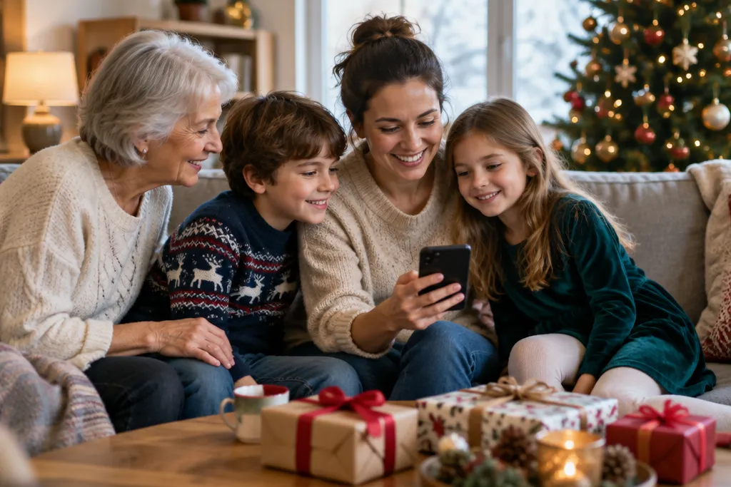 Une grand-mère, un parent et deux enfants regardent ensemble un téléphone sur le canapé, des cadeaux emballés sur la table basse et un sapin illuminé derrière eux