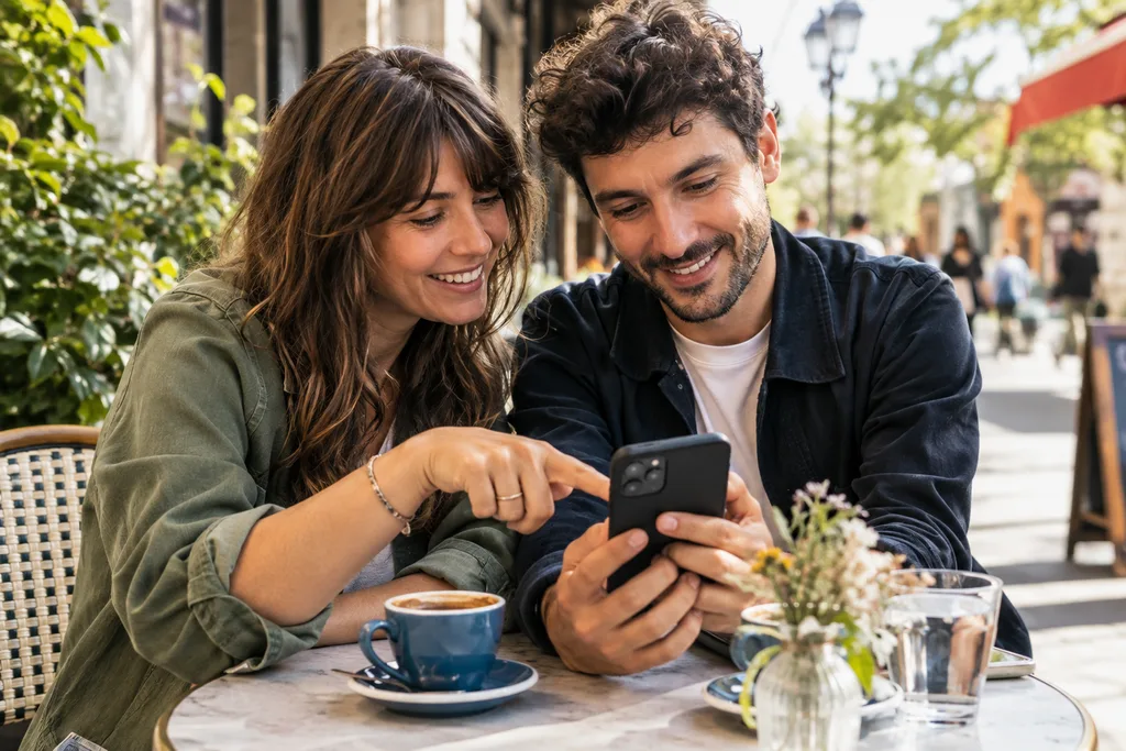 Deux proches consultent un téléphone ensemble à la terrasse d’un café