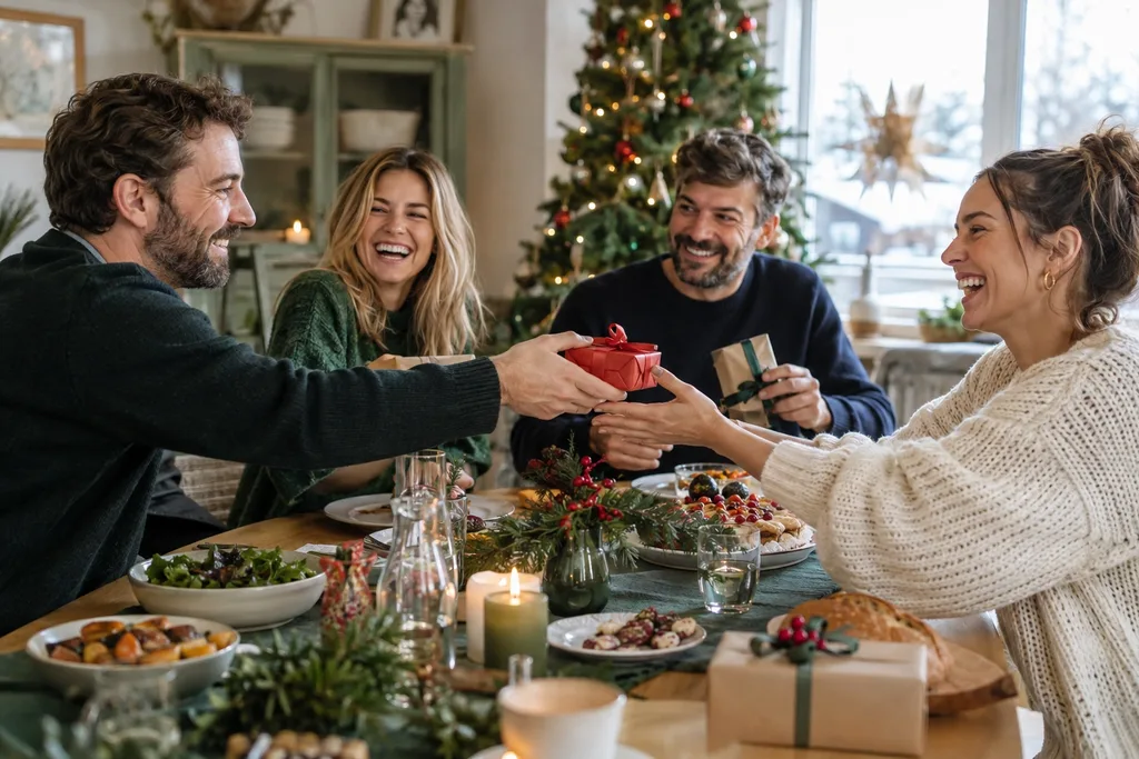 Des amis échangent de petits cadeaux autour d’une table de fête