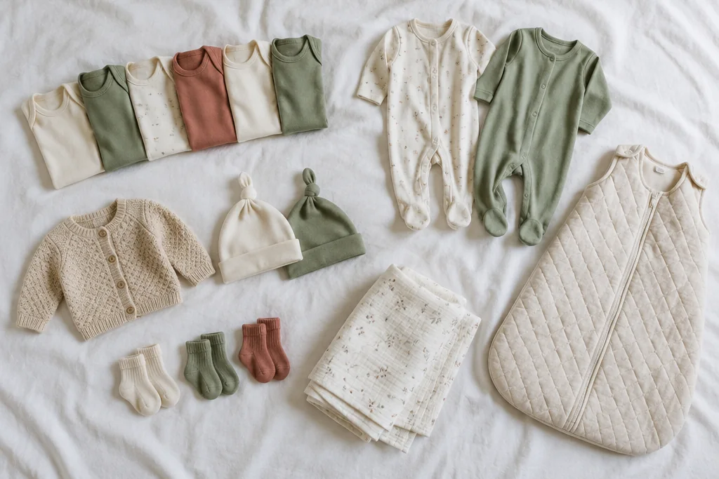Des bodys, deux pyjamas, un petit gilet, deux bonnets, des chaussettes, un lange et une gigoteuse de nouveau-né étalés sur un drap blanc