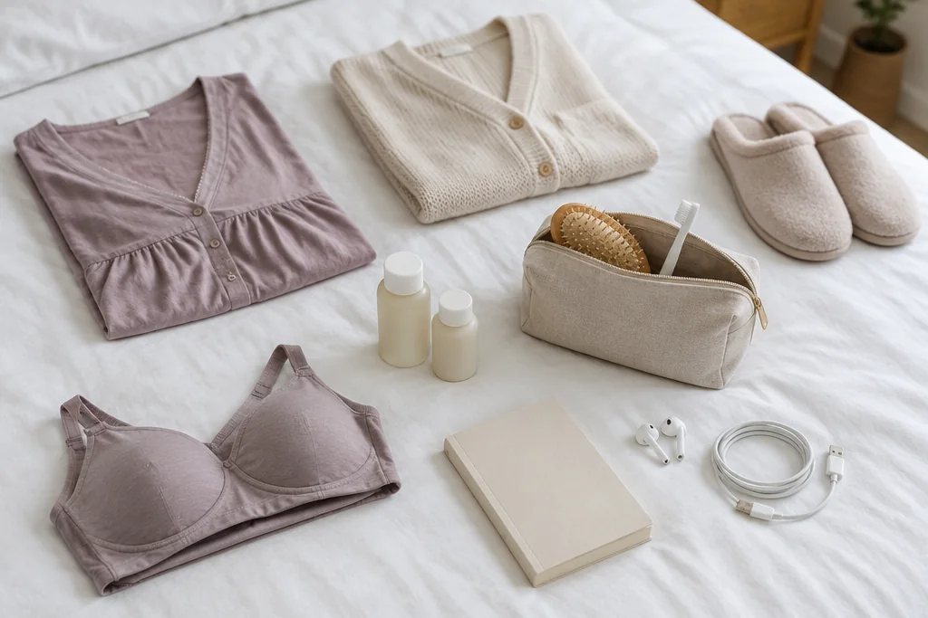 Une chemise de nuit, un gilet, des chaussons, un soutien-gorge d’allaitement, une trousse de toilette, un livre et des écouteurs posés sur un lit