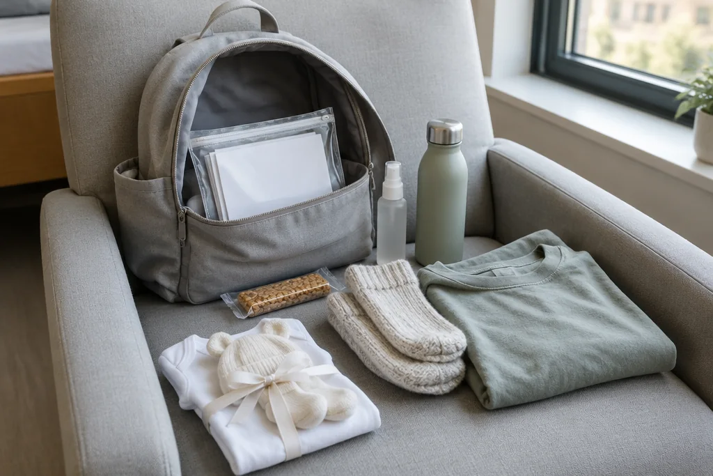 Un petit sac à dos ouvert sur un fauteuil avec une pochette de papiers, un brumisateur, une gourde, des chaussettes chaudes et la première tenue de bébé