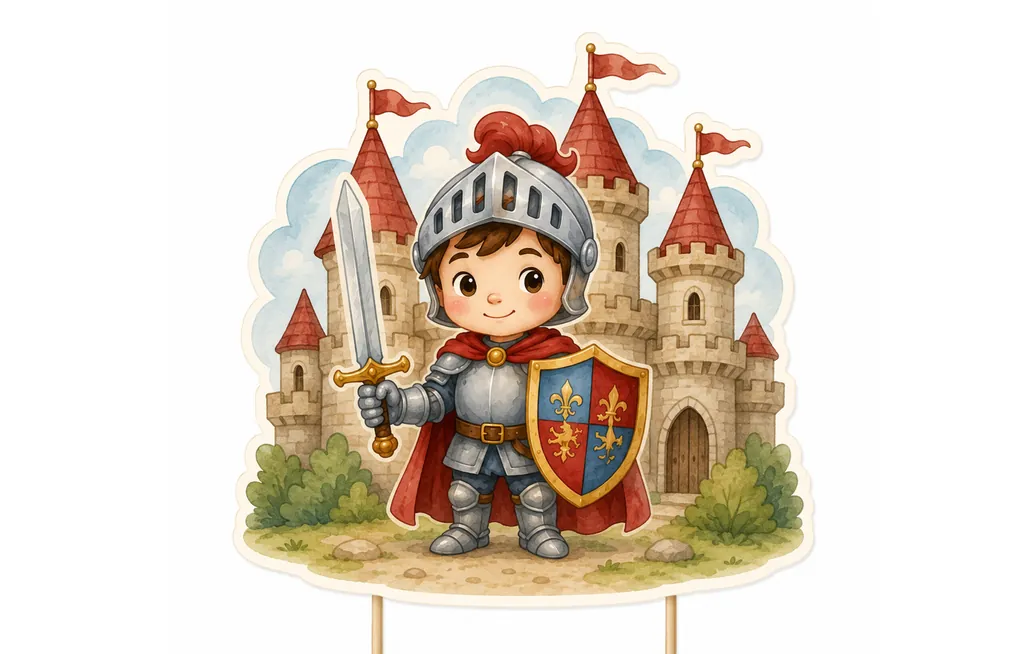 Un cake topper illustré d’un petit chevalier en armure devant un château fort, tiré d’un kit de décoration à imprimer
