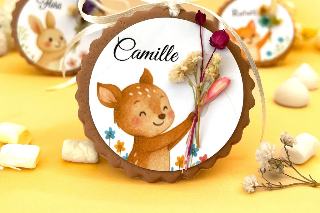 Un médaillon « Camille » illustré d’un faon qui tient un bouquet de fleurs séchées, sur un fond jaune