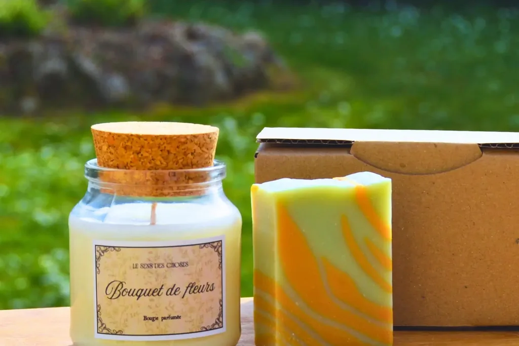 Une bougie végétale en pot de verre et un savon jaune et vert devant leur boîte en carton kraft, dans un jardin