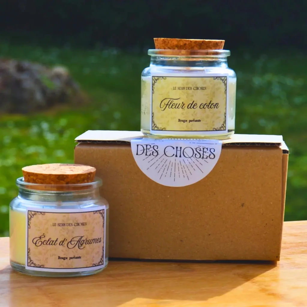Deux petites bougies « Éclat d’agrumes » et « Fleur de coton » en pots de verre à bouchon de liège, posées sur et devant une boîte kraft au nom de la boutique