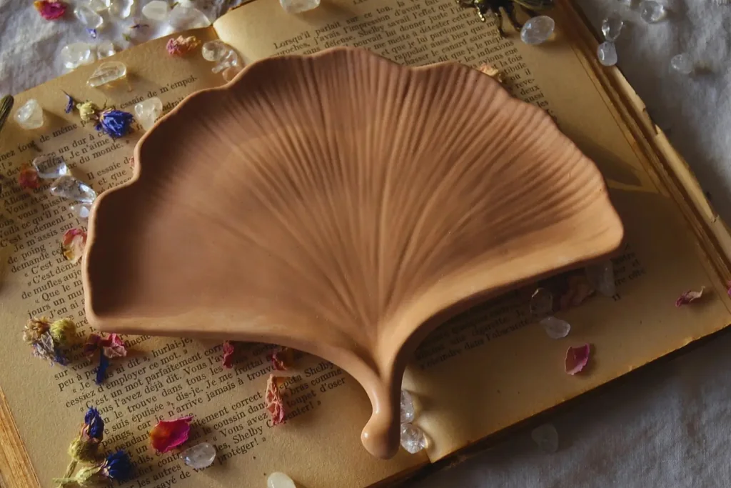 Un plateau en Jesmonite en forme de feuille de ginkgo, marbré blanc et terracotta, posé sur un vieux livre ouvert