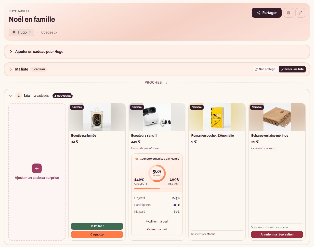 Capture d'une liste de Noël collaborative sur Listopia vue par un proche, Hugo : sur la liste de Léa, un cadeau encore libre, une cagnotte organisée par Mamie atteinte à 56 %, un roman réservé par Mamie et une écharpe réservée par Hugo