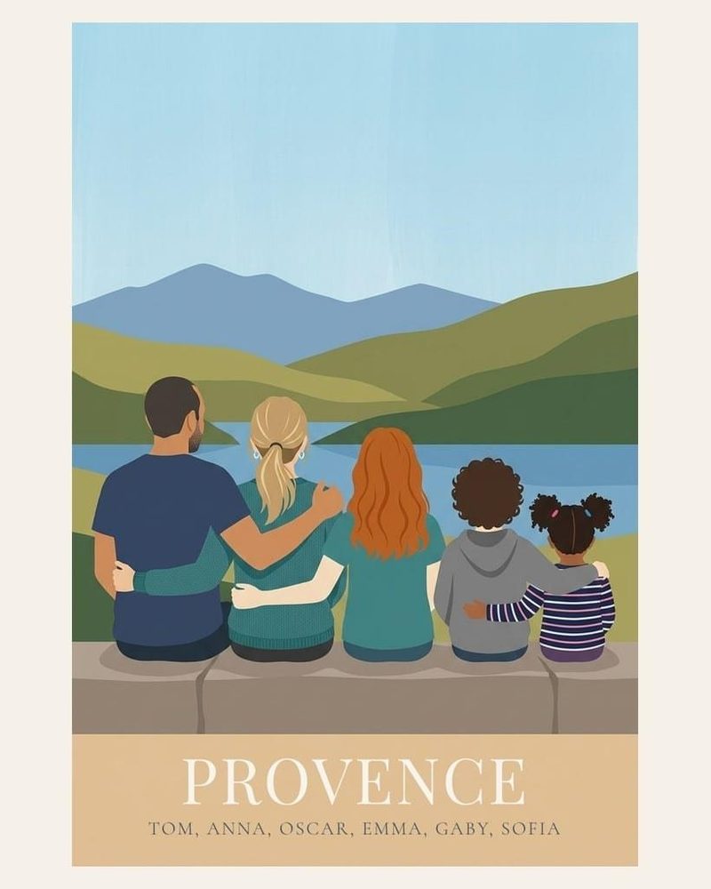 Une famille vue de dos devant un paysage de Provence sur une affiche personnalisée