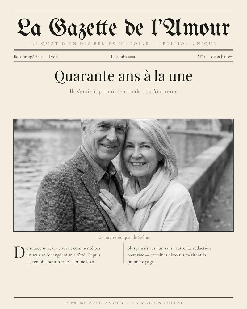Une affiche de journal personnalisée intitulée La Gazette de l’Amour avec la photo d’un couple
