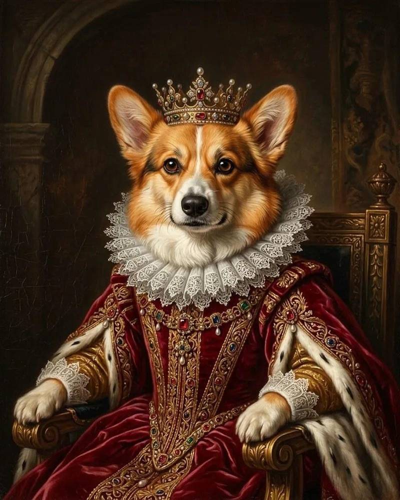 Un corgi représenté en roi de la Renaissance avec une collerette et un costume rouge