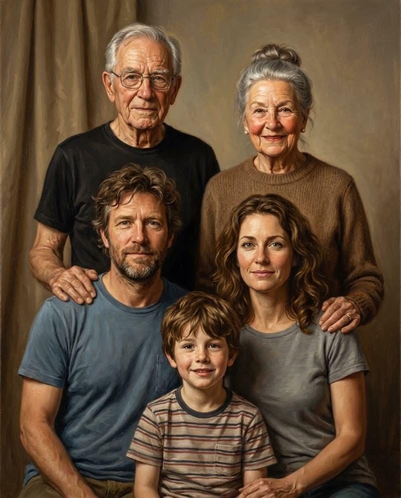 Trois générations réunies dans un portrait de famille dans le style d’une peinture à l’huile