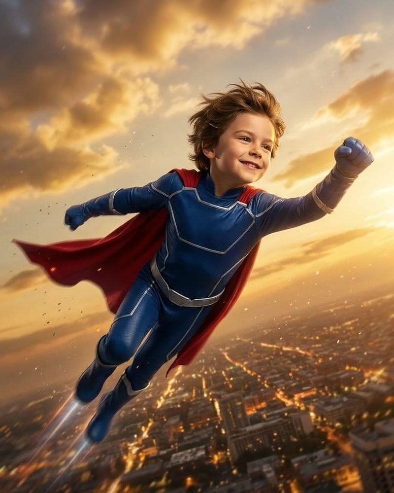 Un enfant représenté en super-héros avec une cape au-dessus d’une ville