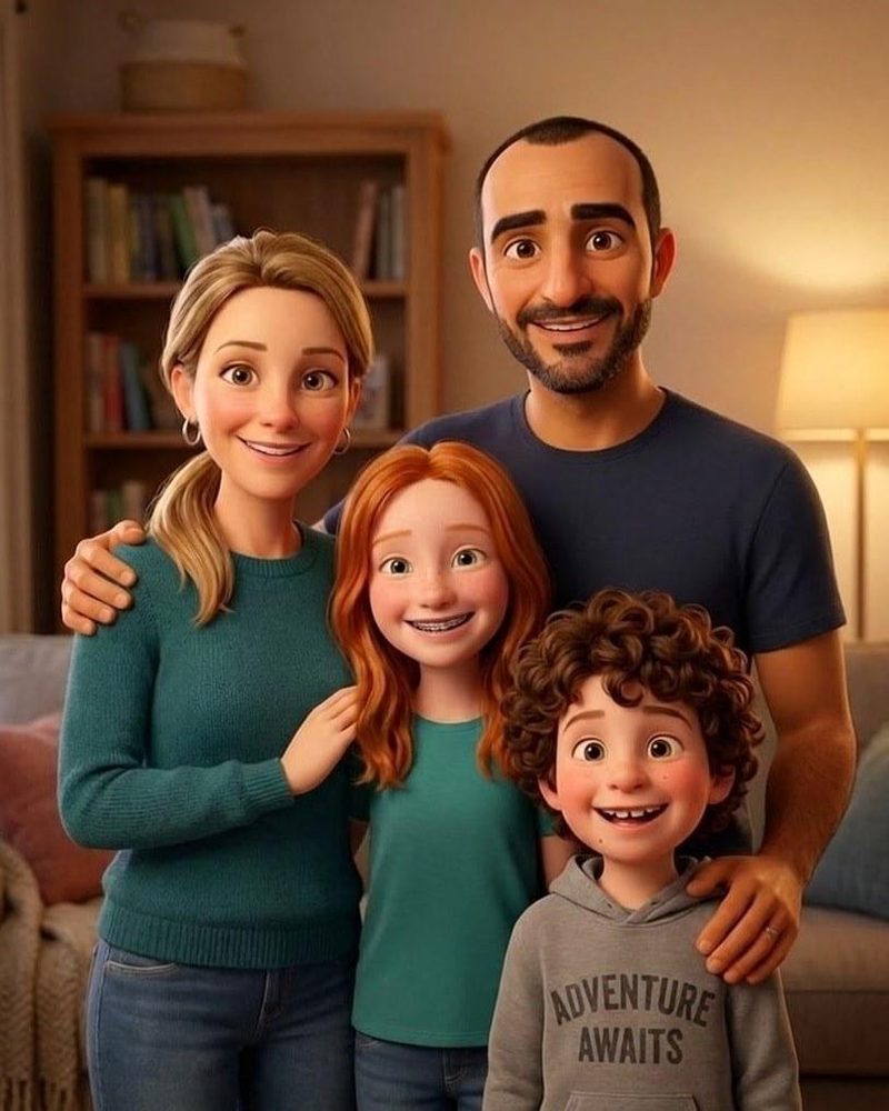 Un couple et ses deux enfants réunis dans une illustration de film d’animation