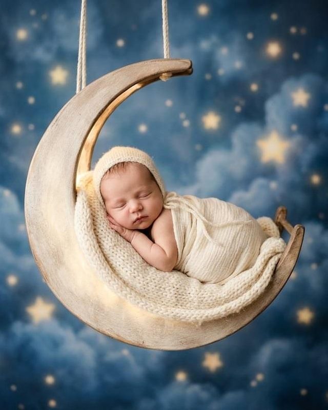 Un nouveau-né endormi dans un croissant de lune sur un fond étoilé