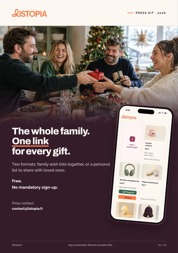 Listopia press kit cover: the whole family, one link for gifts