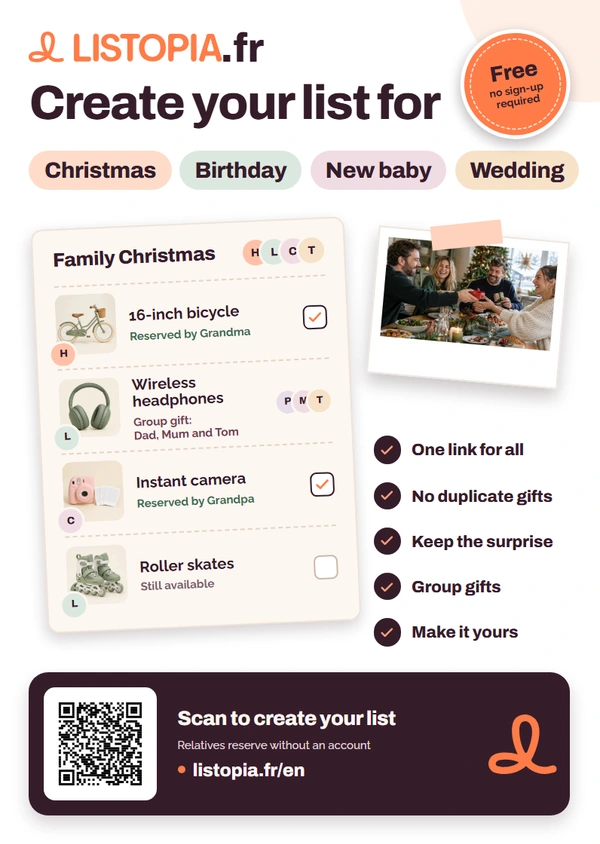 Listopia flyer: create your Christmas, birthday, new baby or wedding list, free with no sign-up required, featuring a family Christmas list