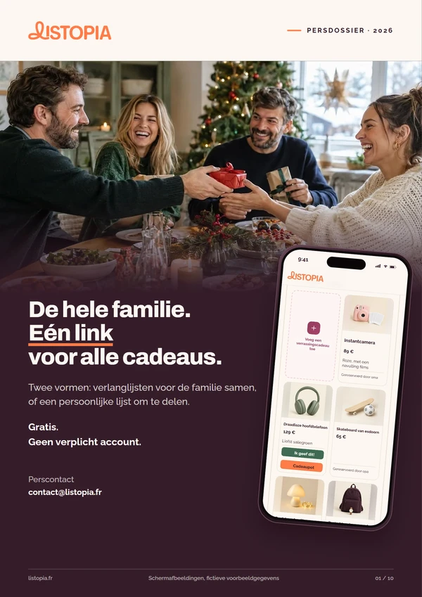 Omslag van het Listopia-persdossier: de hele familie, één link voor cadeaus