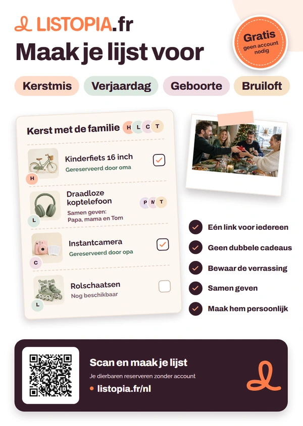 Listopia-flyer: maak je lijst voor Kerstmis, een verjaardag, geboorte of bruiloft, gratis en zonder account, met een kerstlijst voor de familie