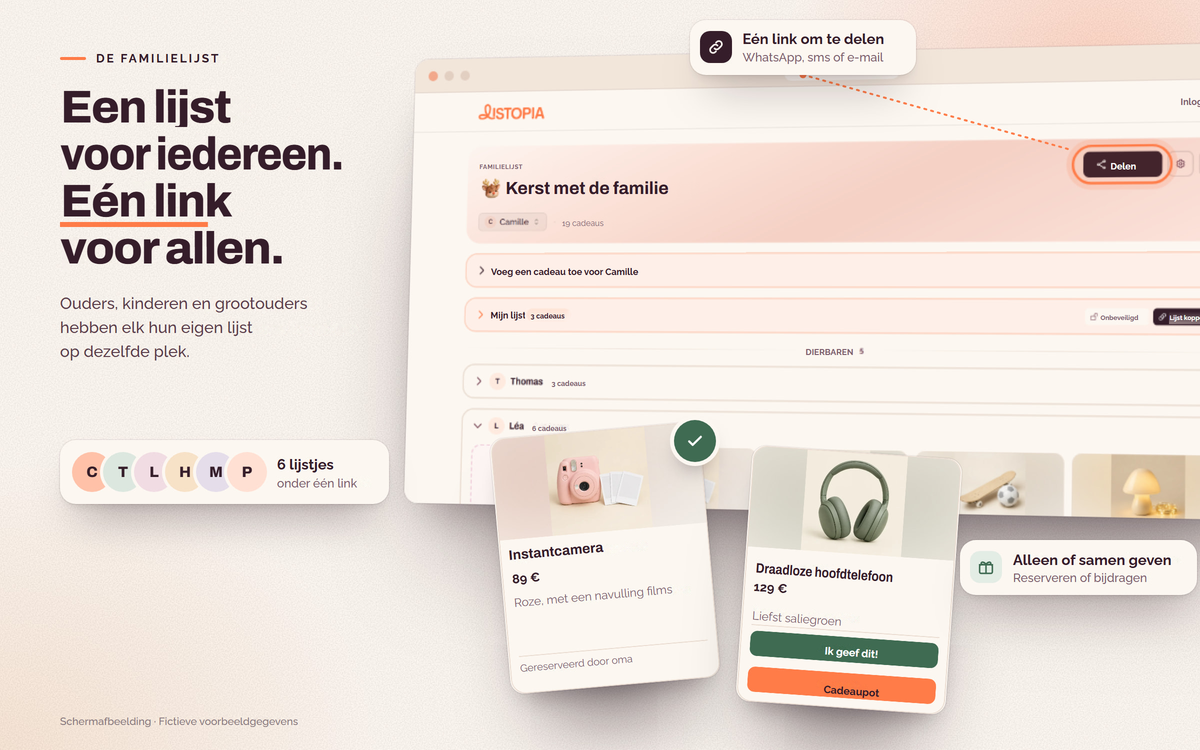 De lijst ‘Kerst met de familie’ op een computer, met de cadeaus ‘Instantcamera’ en ‘Draadloze koptelefoon’