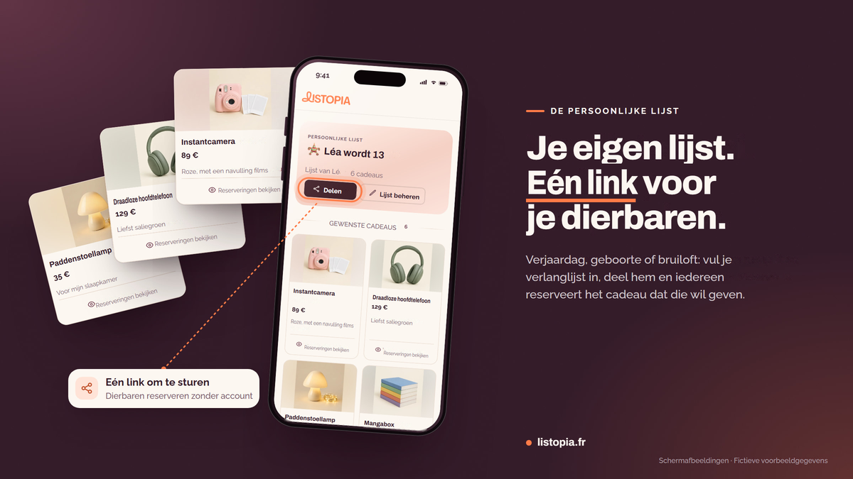 De lijst ‘Léa wordt 13’ op een telefoon, met haar cadeau-ideeën in een waaier