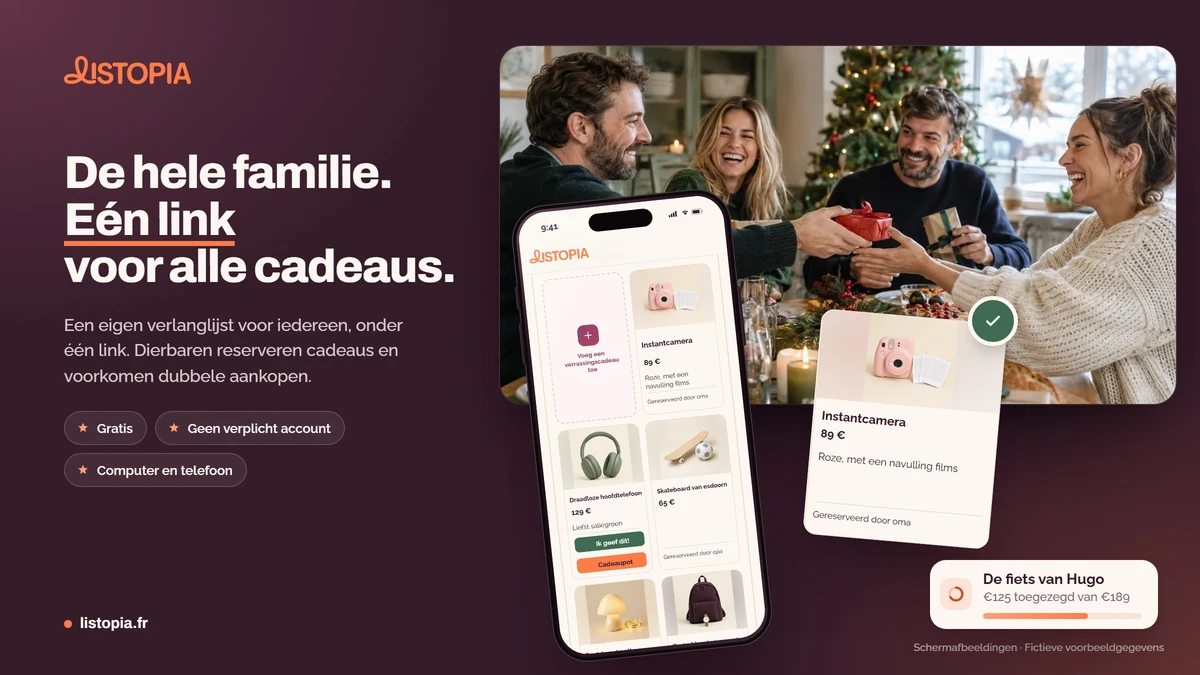 Listopia-afbeelding: een telefoon met een familielijst, naast een cadeaukaart met ‘Gereserveerd door oma’ en een familie aan de kersttafel