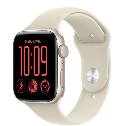 Apple Watch SE 3 met een kast in sterrenlicht en een zandkleurig sportbandje