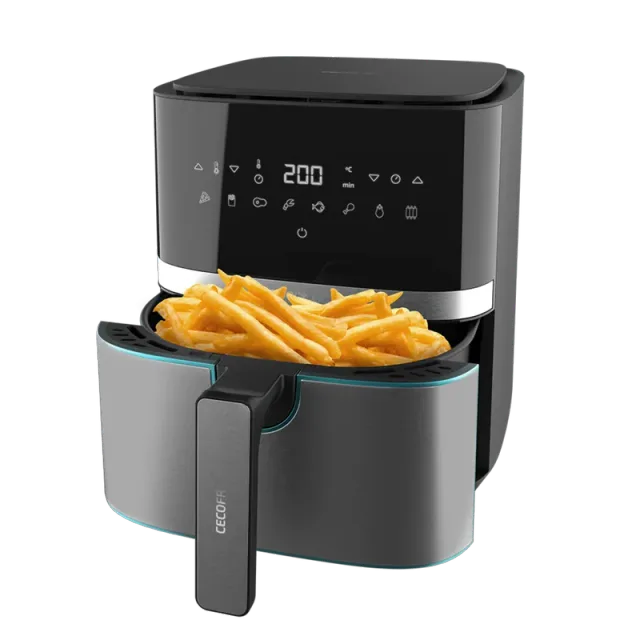 Zwarte Cecotec Cecofry Full InoxBlack 5500 Pro-airfryer met geopende mand