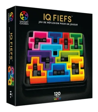 Doos van de IQ Fiefs-puzzel, met een bord vol gekleurde stukken